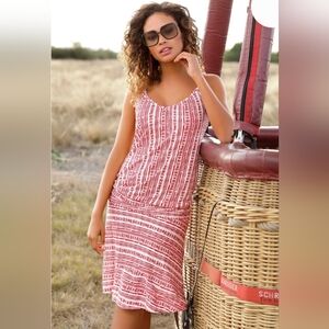 Lascana Women's Printed Dropped Waist Dress Red Patterned Midi Dress